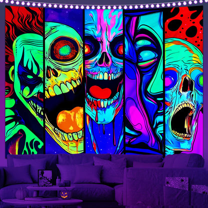 Apdidl Blacklight Halloween Horror Decor Tapestry for Bedroom, Black Light Posters Skull Face Scary Skeleton Funny Wall Art Tapestries，UV Reactive Glow in The Dark Party Wall Hanging for Living Room 60"X79"