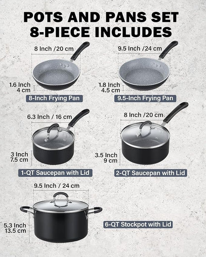 Cook N Home 8-Piece Nonstick Pot and Pan Set with Lid Induction Compatible | Cookware Set Includes Saucepan with Lid, Stockpot with Lid, Frying Pans, Black/Marble Cooking ware Non Stick