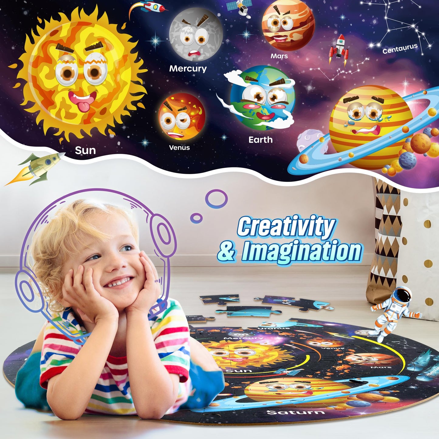SYNARRY Solar System Floor Puzzles for Kids Ages 4-8, Large 70 Piece Jigsaw Puzzles for Kids Ages 4-6, Space Planet Astronaut Toys Puzzles, Preschool Learning Toys, Easter Basket Stuffers for Boy Girl