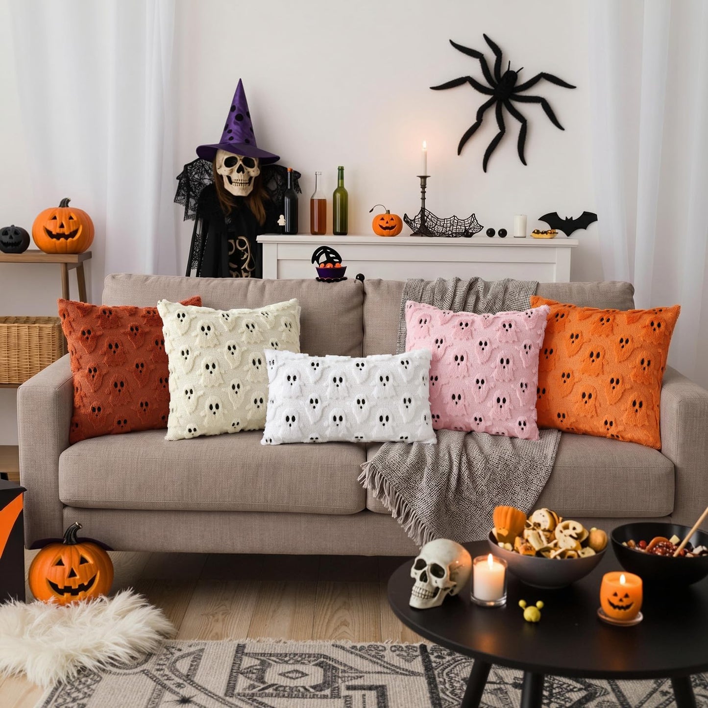 decorUhome Fall Halloween Ghost Pillow Covers 16x16 Pack of 2 Soft Plush Faux Wool Textured Throw Pillow Covers Cute 3D Ghost Decorative Cushion Cases for Couch Sofa Bedroom Home Decor, Blush Pink