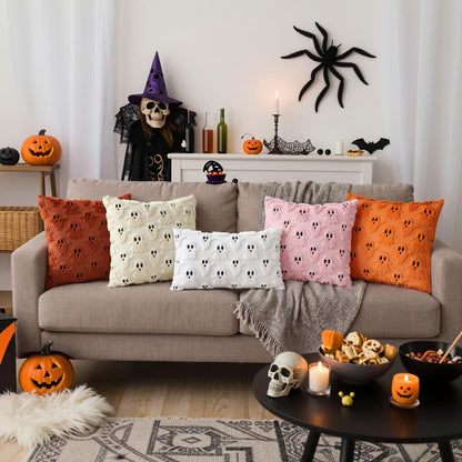decorUhome Fall Halloween Ghost Pillow Covers 16x16 Pack of 2 Soft Plush Faux Wool Textured Throw Pillow Covers Cute 3D Ghost Decorative Cushion Cases for Couch Sofa Bedroom Home Decor, Blush Pink