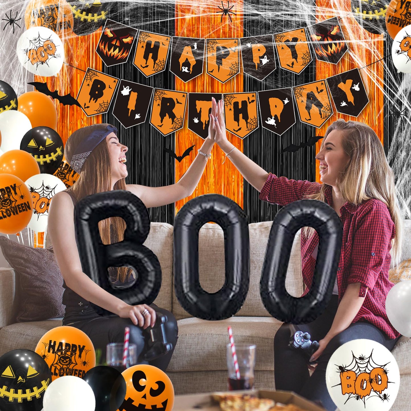 105Pcs Halloween Birthday Party Decorations with Happy Banner Balloons Bat Wall Stickers for Halloween 1st Birthday Party Decor