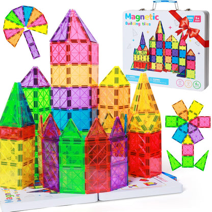 MEIQ 100Pcs Premium Magnetic Tiles Toys Set with Sturdy Iron Case, STEM Educational Building Blocks for Kids Ages 3-5 4-8, Montessori Sensory Toys, Creative Birthday Gifts for Toddler Boys & Girls