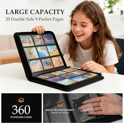 Card Binder 9 Pocket - Premium Card Collection Binder for 360 Cards, Durable Side-Loading Card Album with Zipper, Perfect for TCG, MTG, and Sports Cards, Black