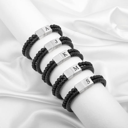 LUXEJEW Mens Bracelet - Black Leather Beaded Bracelets for Men with Magnetic Clasp Letter H Initial Bracelet 6mm Matte Agate Beads Stone Mens Jewelry Birthday Gifts for Men Husband Boyfriend