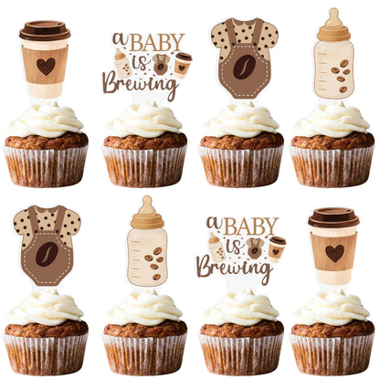 A Baby is Brewing Cupcake Toppers, Coffee Theme Baby Shower Decorations, 48 Pack, Brown Gender Reveal Party Supplies with Coffee Cup and Baby Bottle Picks