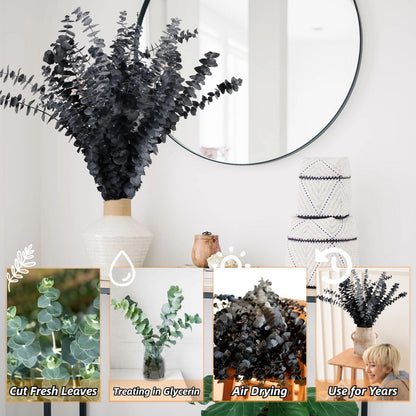 15pcs Real Black Eucalyptus Stems - Black Flowers and 17 Inch Preserved Natural Eucalyptus Leaves Branches for Flower Arrangement DIY and Home Decor Halloween Farmhouse Vase Decoration