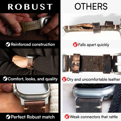 ROBUST Genuine Leather Watch Band for Men - Compatible with Apple Watch Bands 49mm - Replacement Strap for iWatch Ultra 2/1 SE, SE 2 Series 10 9 8 7 6 5 4 - Brown Leather With Natural Titanium Buckle