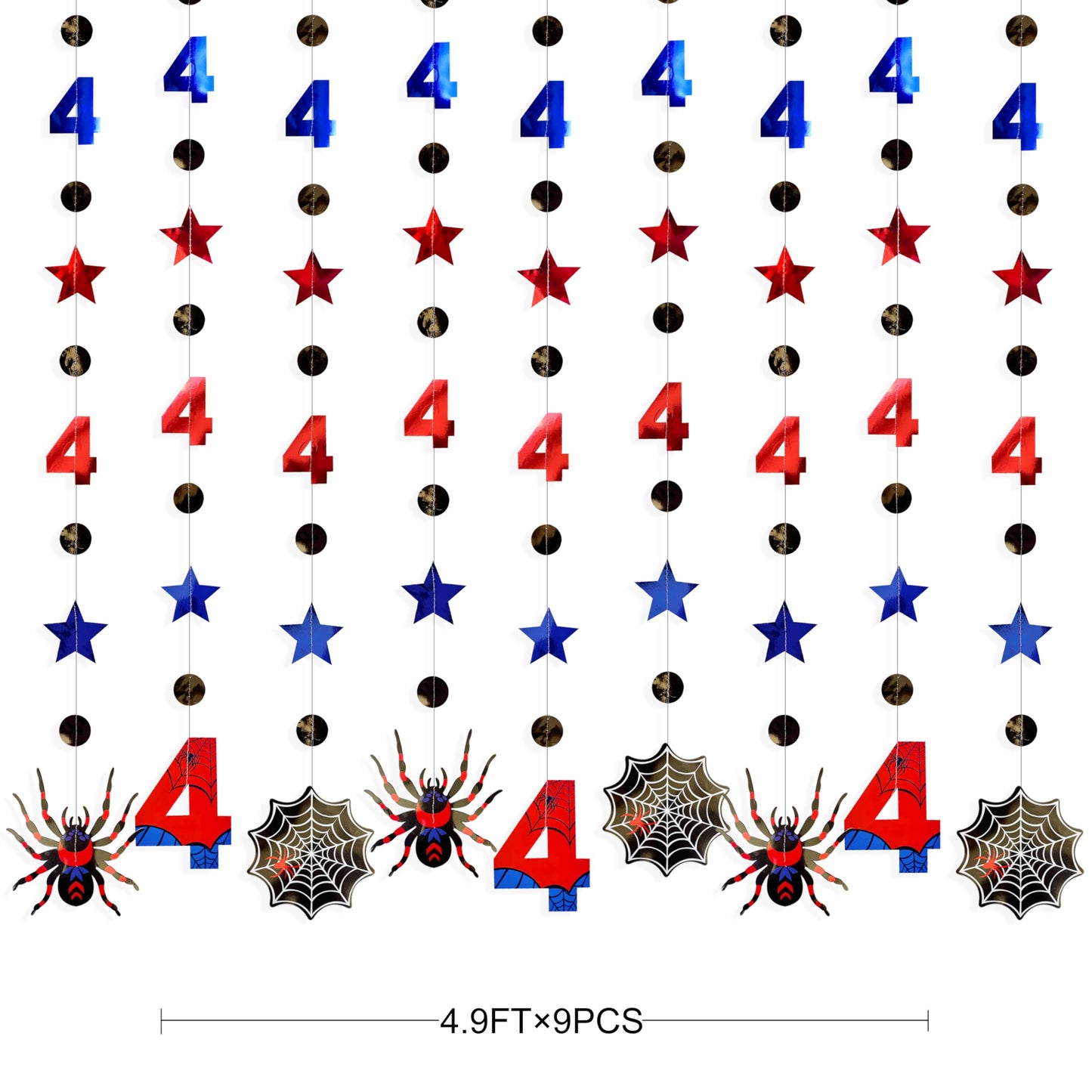 42Ft Spider 4th Birthday Party Decorations Red Blue Stars and Black Spider Web Garland Streamer for Kids Boys 4th Cartoon Spiders Birthday Super Heros Baby Shower Cartoon Bday Party Decor Supplies