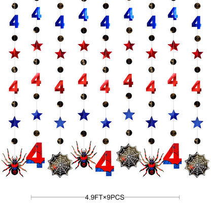 42Ft Spider 4th Birthday Party Decorations Red Blue Stars and Black Spider Web Garland Streamer for Kids Boys 4th Cartoon Spiders Birthday Super Heros Baby Shower Cartoon Bday Party Decor Supplies
