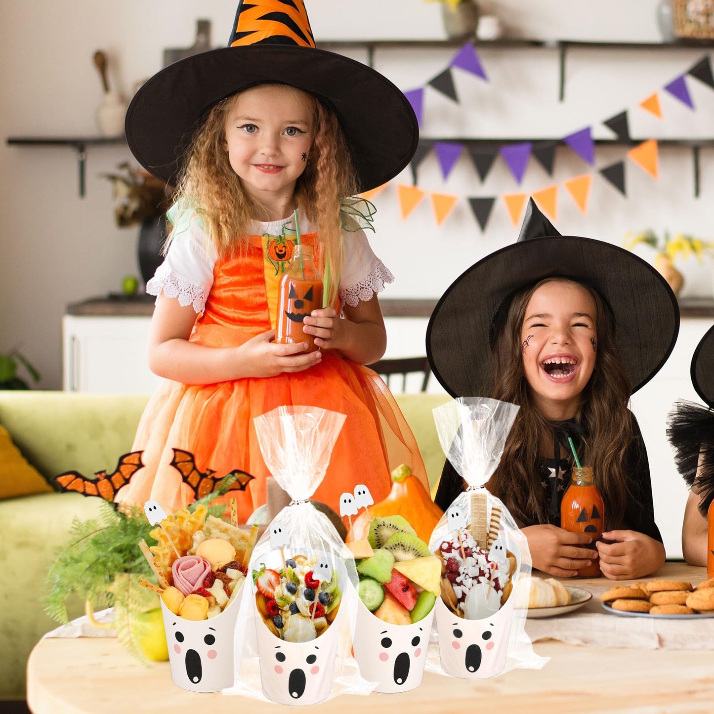 Whaline 500 Pcs Halloween Charcuterie Cup Sets 200 Cocktail Pick 100 Bags 100 Twist Ties 100Pcs 14Oz Cute Ghost Expression Disposable Appetizer Cup White French Fry Holder for Trick or Treat Supplies