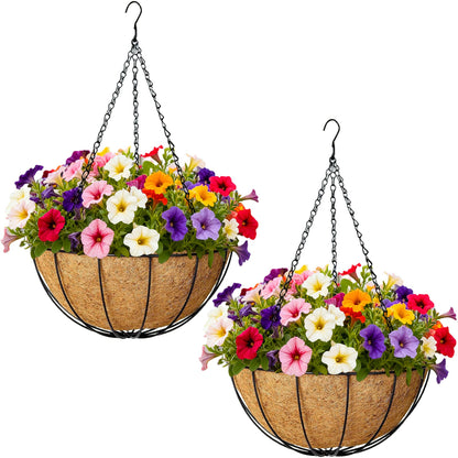 SMYAXUNW 2 Pack Hanging Planters 12 Inch Metal Hanging Planter Basket Flower Pots with Coco Coir Liners Round Wire Plant Holder for Indoor Outdoor Patio Porch Garden Railings Decoration