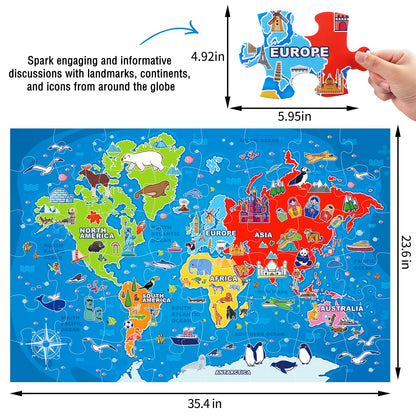 Jumbo Floor Puzzle for Kids,World Map Jigsaw Geography Puzzles,48 Piece Globe Atlas Puzzle with Continents,United States Puzzle for Ages 3-5,Preschool Learning Toys Easter Gift for 4-8 Years Old
