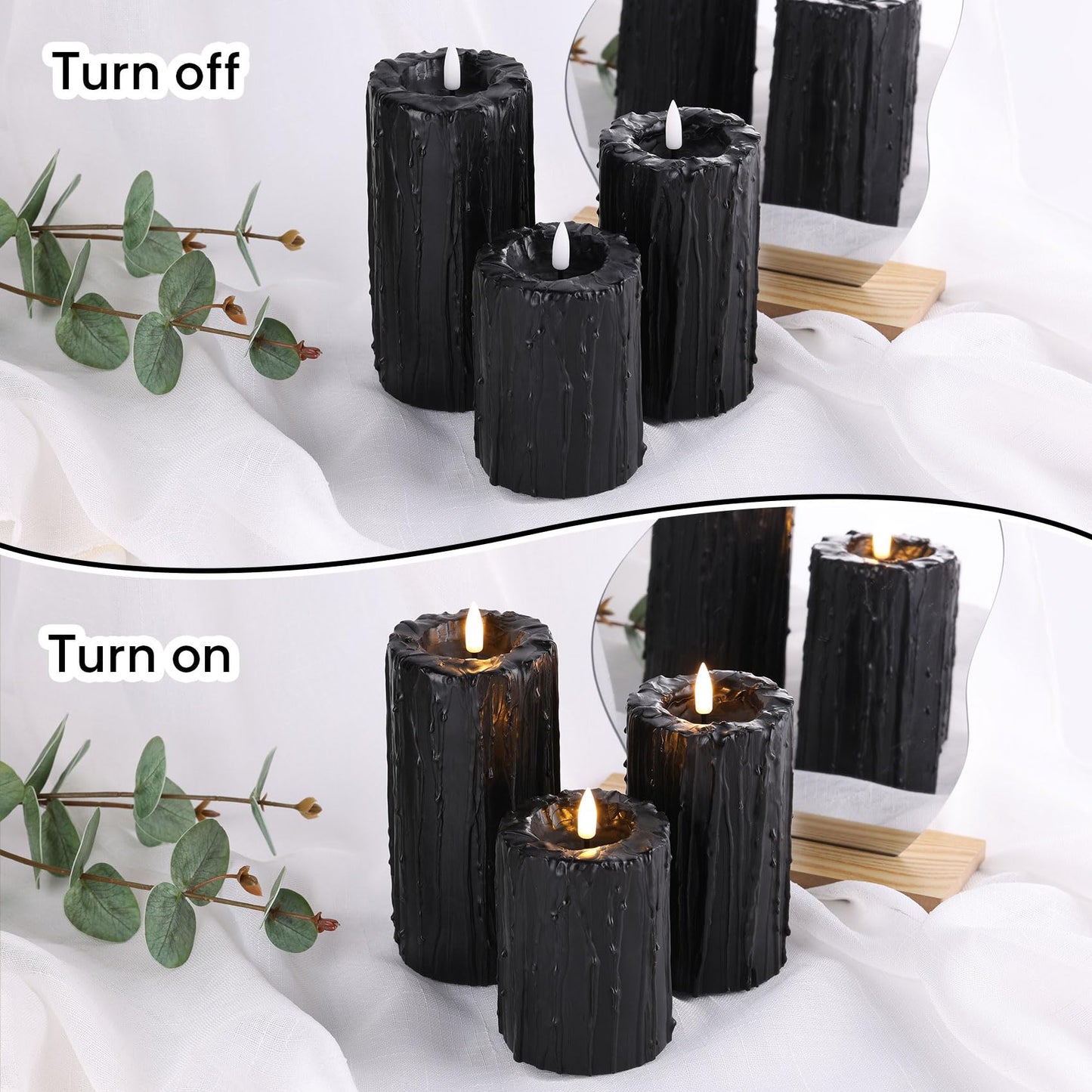 Eywamage Black Dripping Wax Flameless Pillar Candles with Remote, Flickering Halloween Battery LED Candles Set of 3