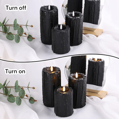 Eywamage Black Dripping Wax Flameless Pillar Candles with Remote, Flickering Halloween Battery LED Candles Set of 3