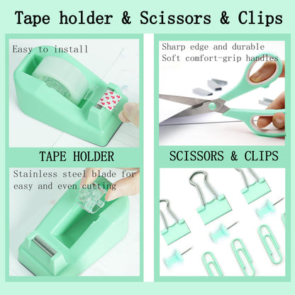 Dimonluce Green Office Supplies, Teal Desk Accessories Accessories with Tape Dispenser, Stapler, Staple Remover, 1000 Staples, Tape, Clips Set, Ruler, Scissor, Pen