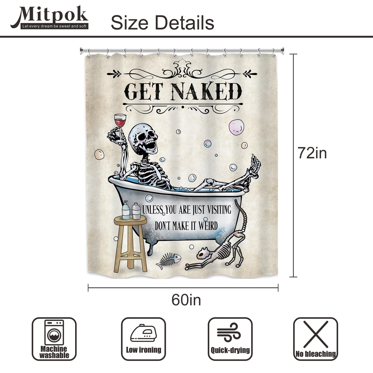 Mitpok Halloween Funny Skull Skeleton Shower Curtain 60Wx72H Gothic Spooky Unique Cool Bone in Bathtub Bubbles Horror Cat Fish Retro Scary Bathroom Decor Bath Curtain Fabric Polyester 12 Pack Hooks