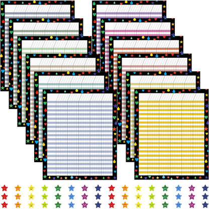 Ctosree 12 Pcs 17"x 22" Incentive Chart Multicolor Laminated Dry Erase Reward Chores Chart with 5 Pcs Reward Sticker(Novelty Style,Black Background)