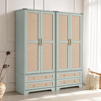Brafab Armoire Wardrobe Closet with 2 Rattan Doors Set of 2, 71" Vintage Tall Freestanding Coat Closets with Drawers and Hanging Rail, Wooden Armoires Storage Cabinet with Shelf for Bedroom