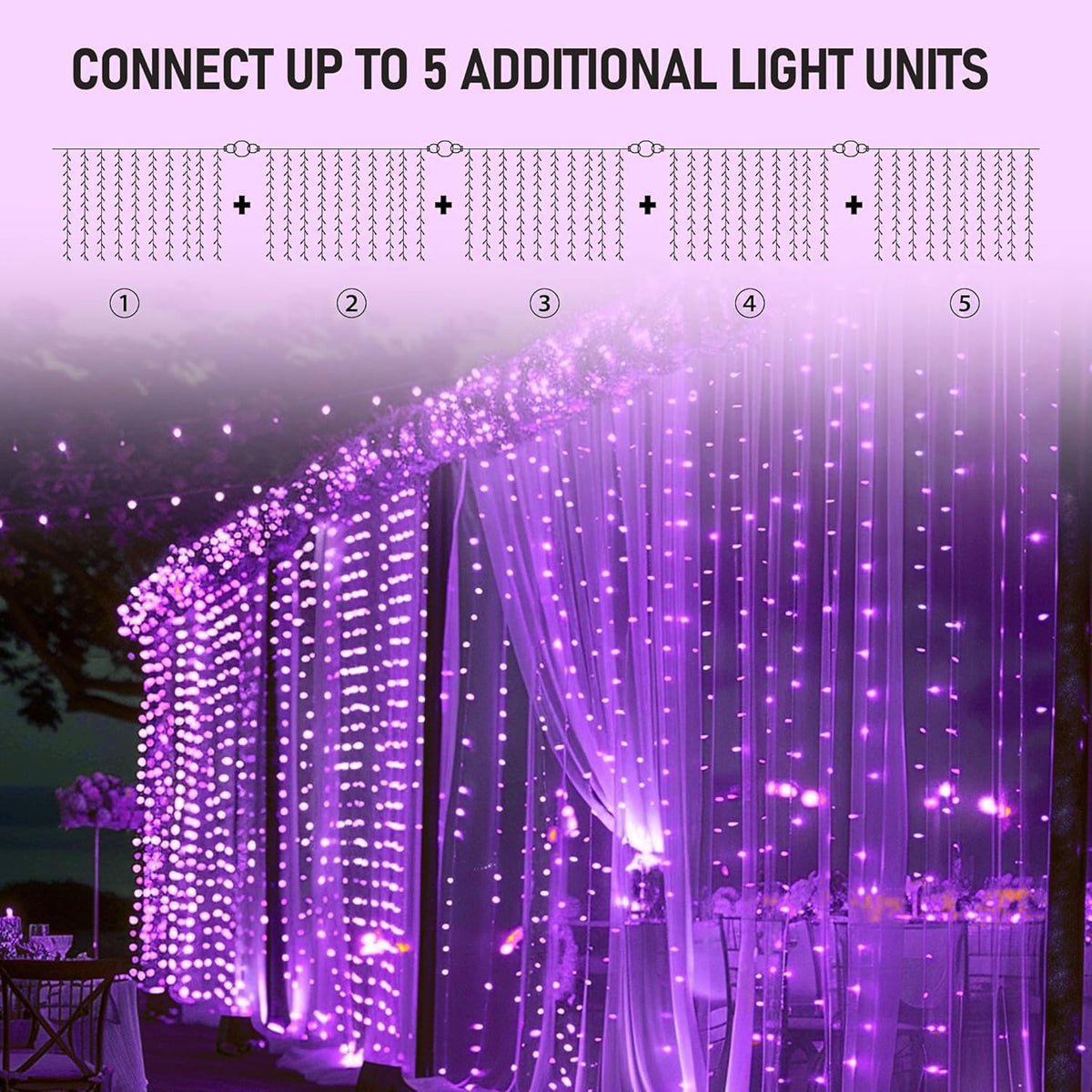 Dazzle Bright 300 LED Christmas Curtain String Lights, 8 Modes, Waterproof, Purple, Model CL-300CC