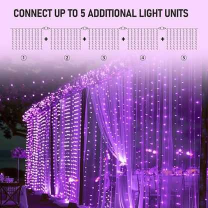 Dazzle Bright 300 LED Christmas Curtain String Lights, 8 Modes, Waterproof, Purple, Model CL-300CC