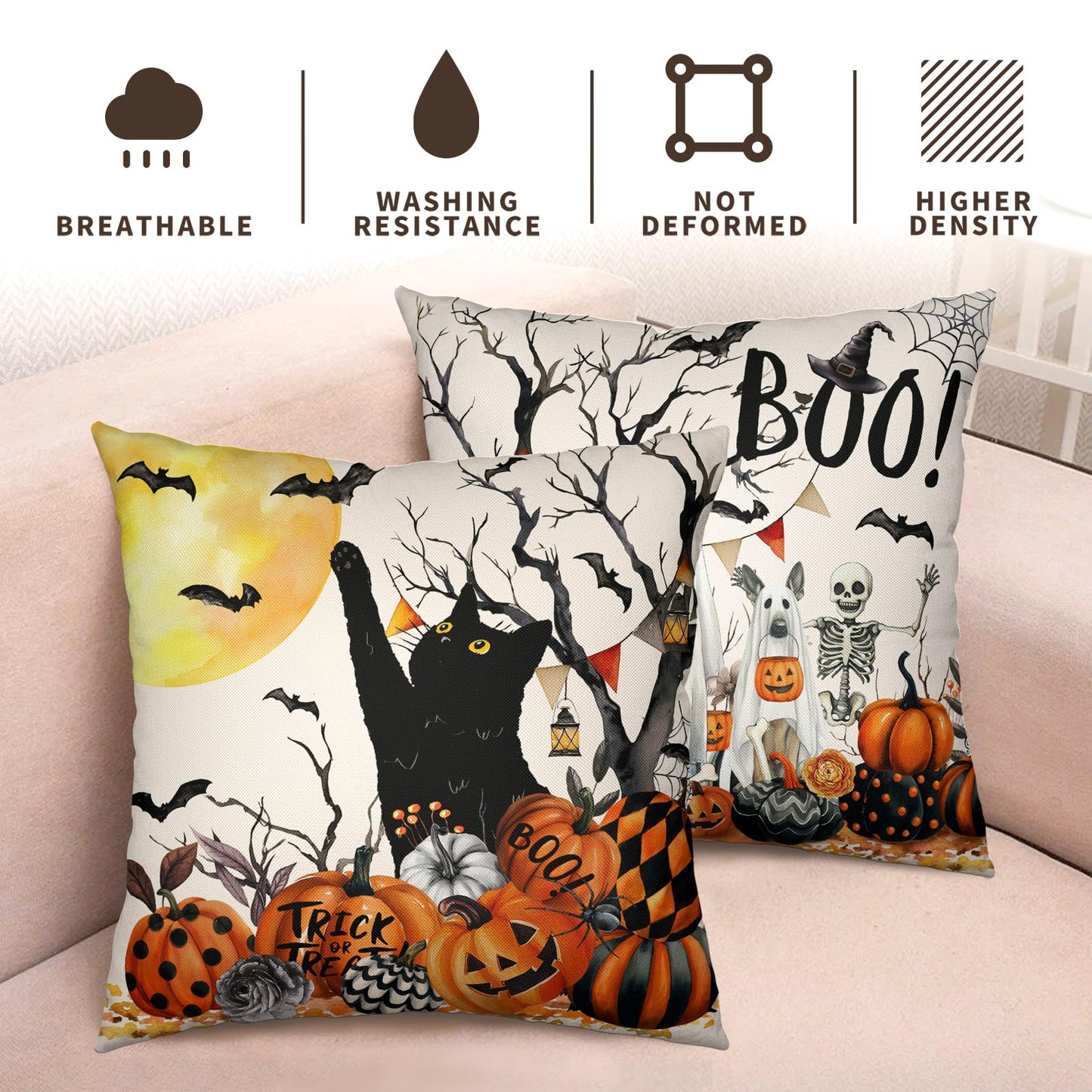 Wnoesat Halloween Outdoor Pillow Covers 18x18 Set of 2 Black Cat Pumpkin Moon Bat Throw Pillow Cases Ghost Spooky Boo Dog Skull Pillowcase Fall Holiday Decor for Home Sofa Couch