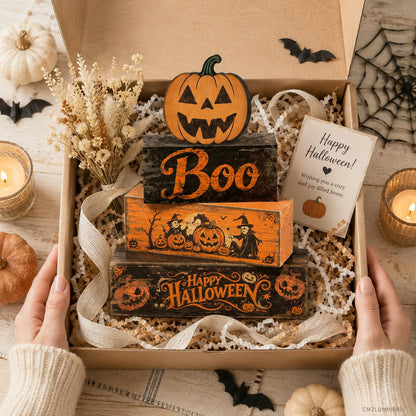 4 Pcs Halloween Decorations Scary Pumpkin Wooden Signs Farmhouse Rustic Tiered Tray Decor Boo Happy Halloween Tabletop Centerpiece for Home Kitchen Shelf Mantel