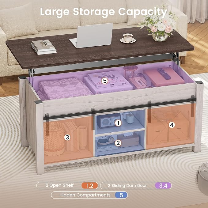 SEDETA Lift Top Coffee Table, Farmhouse Lift Tabletop Dining Table, Gas Spring, Hidden Compartment, Open Storage Shelf, for Living Room, Vintage White