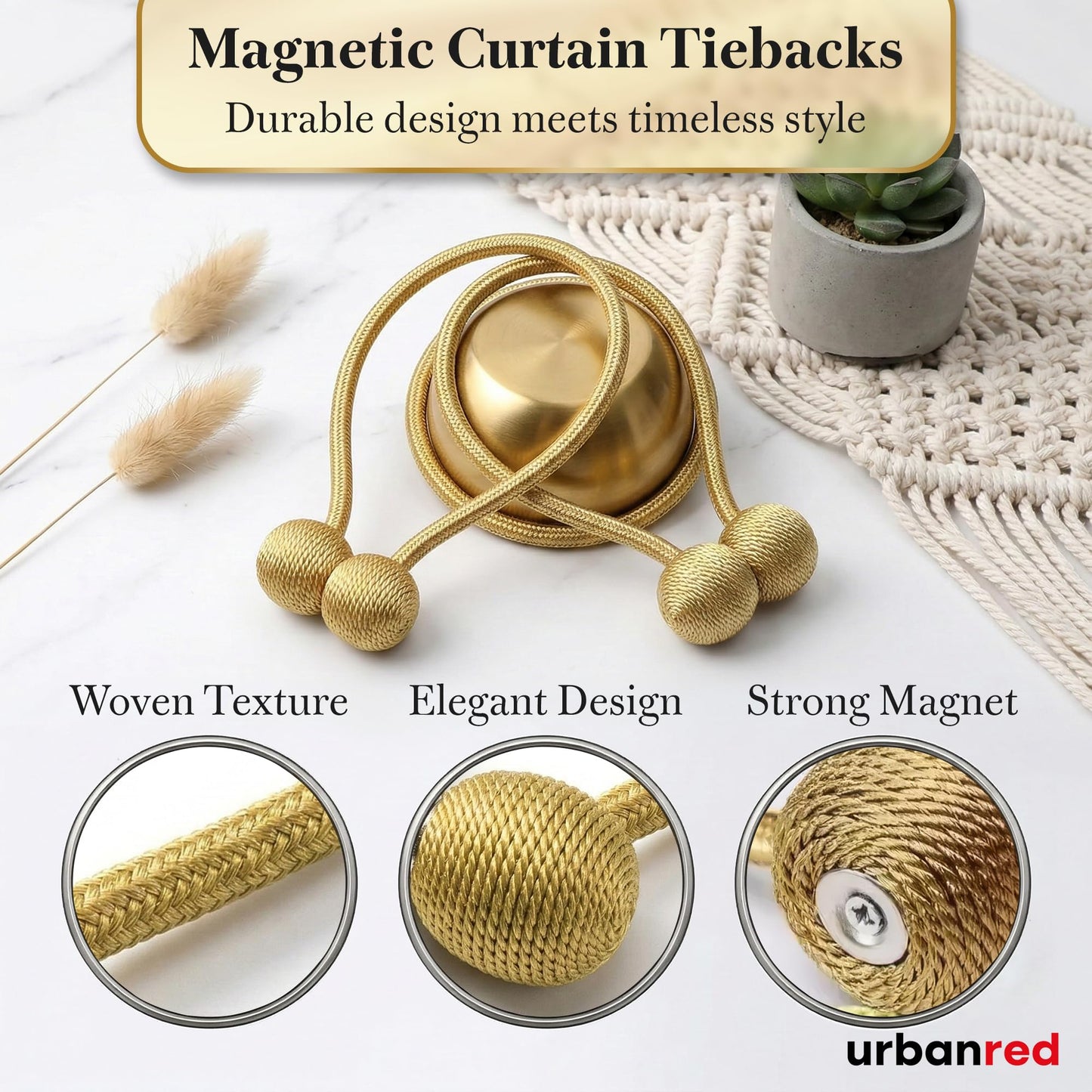 Magnetic Curtain Tiebacks 2 Pcs Curtain Holdbacks, Woven Tie Hold Back for Curtains, Stylish Decorative Holdbacks for Drapes, Gold