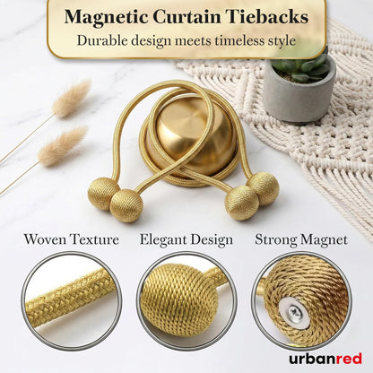 Magnetic Curtain Tiebacks 2 Pcs Curtain Holdbacks, Woven Tie Hold Back for Curtains, Stylish Decorative Holdbacks for Drapes, Gold