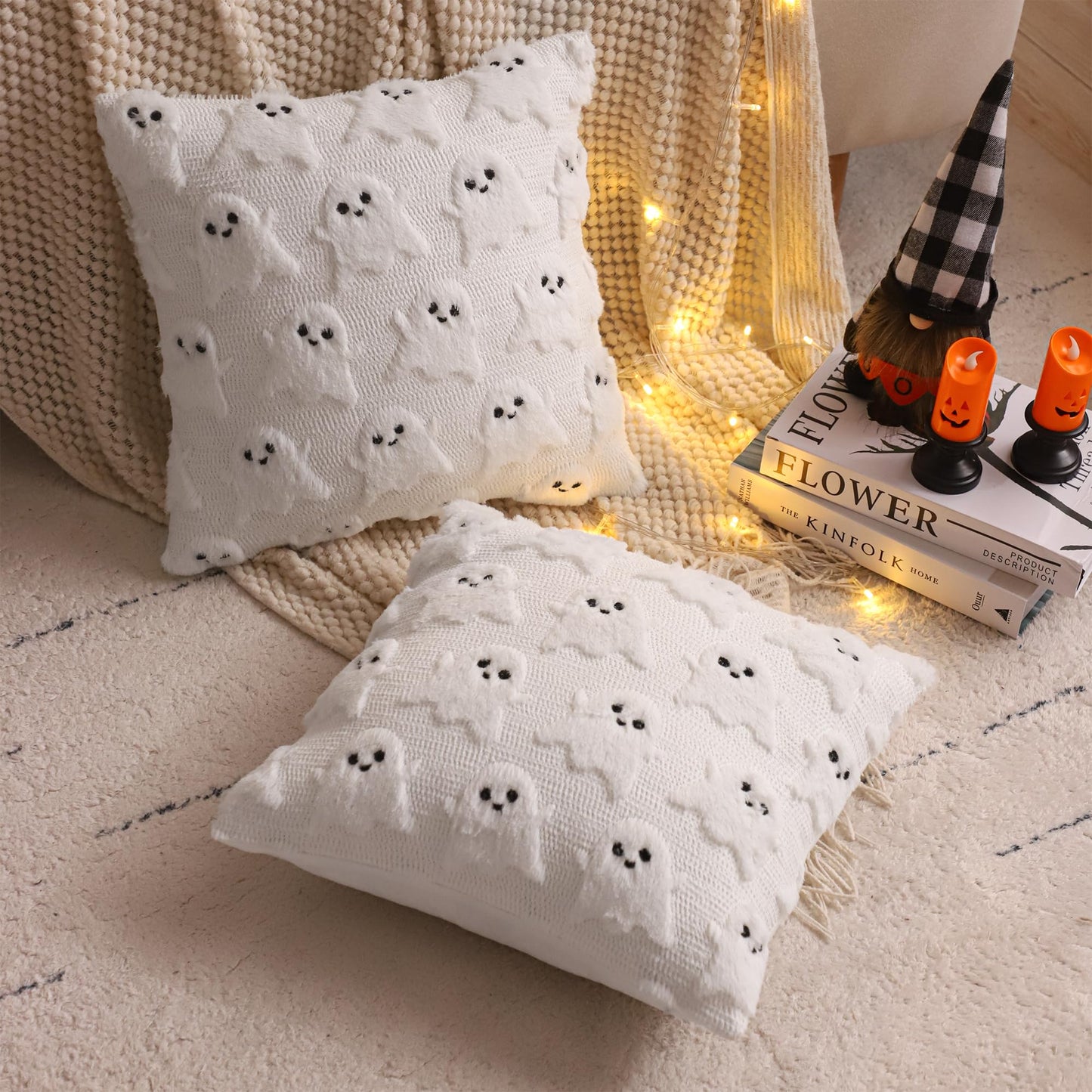 LUOYEHK Halloween Pillow Covers 16x16 Set of 2 White Ghost Decorative Pillow Cases Holiday Soft Plush Faux Fur Cushion Covers for Couch Sofa Bed