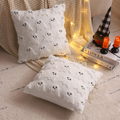 LUOYEHK Halloween Pillow Covers 16x16 Set of 2 White Ghost Decorative Pillow Cases Holiday Soft Plush Faux Fur Cushion Covers for Couch Sofa Bed