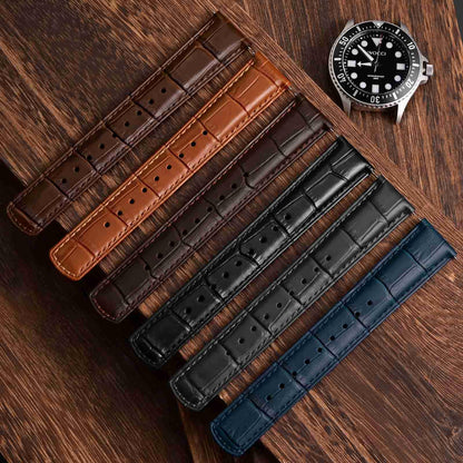 WOCCI 22mm Watch Band, Top Grain Leather, Embossed Alligator Grain, Quick Release, Black Buckle (Dark Grey)