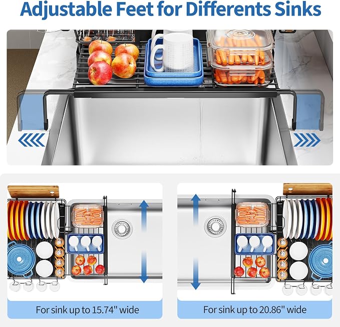 TOOLF Dish Drying Rack - Expandable Dish Rack, Large Capacity Dish Drainer for Kitchen Counter, Stainless Steel Dish Strainer with Cups Holder & Utensil Holder,Black