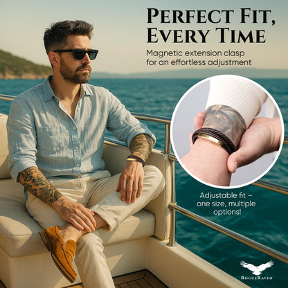 RogueRaven Black Leather Bracelet for Men – Premium Collection – Brown Black Gold Silver | Genuine Leather Mens Bracelet with Stainless Steel Clasp [Adjustable] | In Luxury Gift Box