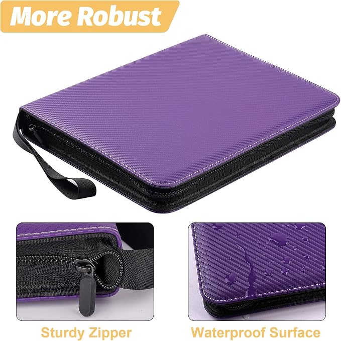 900 Pockets Round Ring Trading Card Binder, 9-Pocket Clear Zipper Card Album with Wrist Strap, Holds 900 Standard TCG & Sports Cards, Not Fit Top Loaders (Carbon Purple)