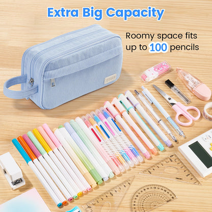 Sooez High Capacity Pencil Case, Soft Corduroy Pencil Pouch with 4 Compartments, Multiple Pockets, Large Pencil Bag with Sturdy Zipper, Cute Pencil Case Pouch Organizer for Student Teen Girls, Beige
