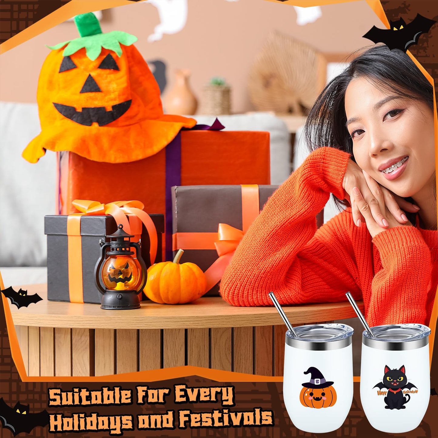 Singhoow 4 Set Halloween Themed Insulated Wine Tumbler 12 oz Stainless Steel Eggshell Cup Pumpkin Ghost RIP Tombstone Cat Bat Gifts for Anniversary Birthday Gifts for Mom Women Colleagues
