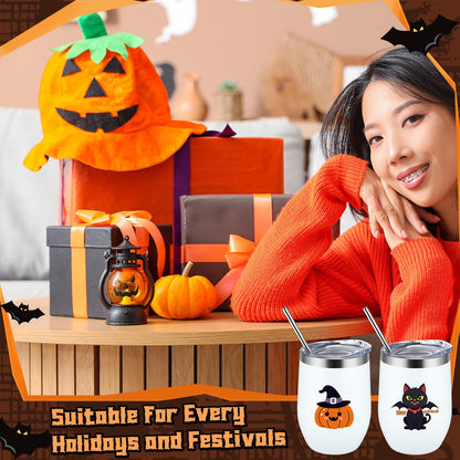 Singhoow 4 Set Halloween Themed Insulated Wine Tumbler 12 oz Stainless Steel Eggshell Cup Pumpkin Ghost RIP Tombstone Cat Bat Gifts for Anniversary Birthday Gifts for Mom Women Colleagues