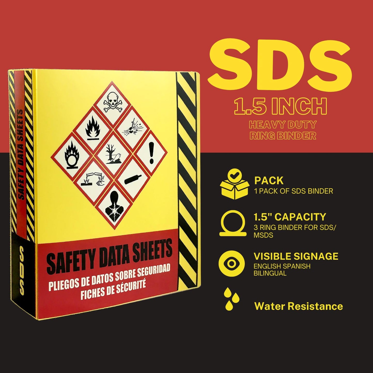 Ring Binder Depot 2 Pack of SDS Binder, Heavy Duty 3 Ring Binder with 1.5 In Capacity Holds 250 Pages, Trilingual with EnglishSpanishFrench, Durable and Highly Visible Safety Data Sheets, Yellow