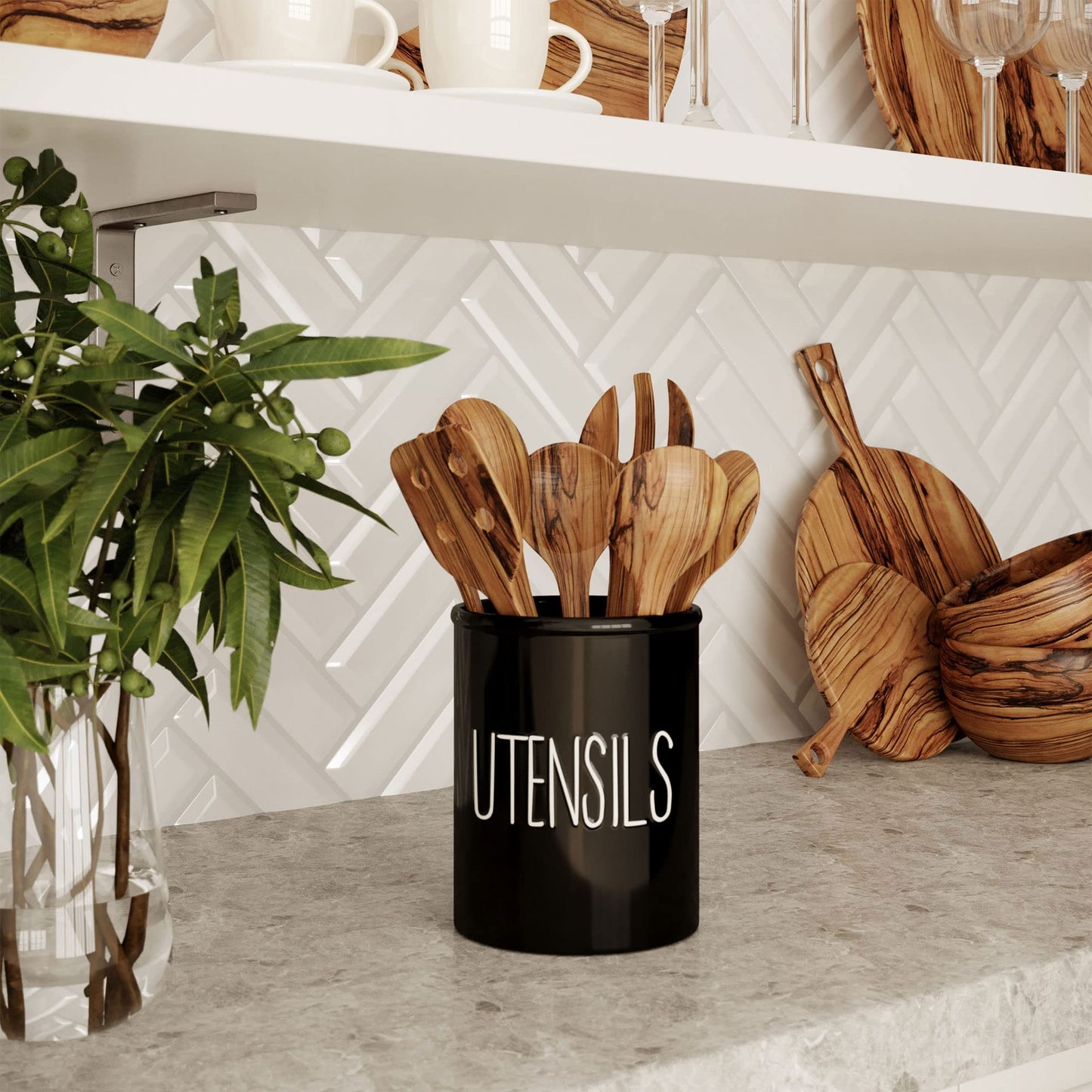 Barnyard Designs Ceramic Farmhouse Kitchen Utensil Holder for Countertop, Decorative Kitchen Utensil Crock for Counter, Spatula Holder, 7" (Black)