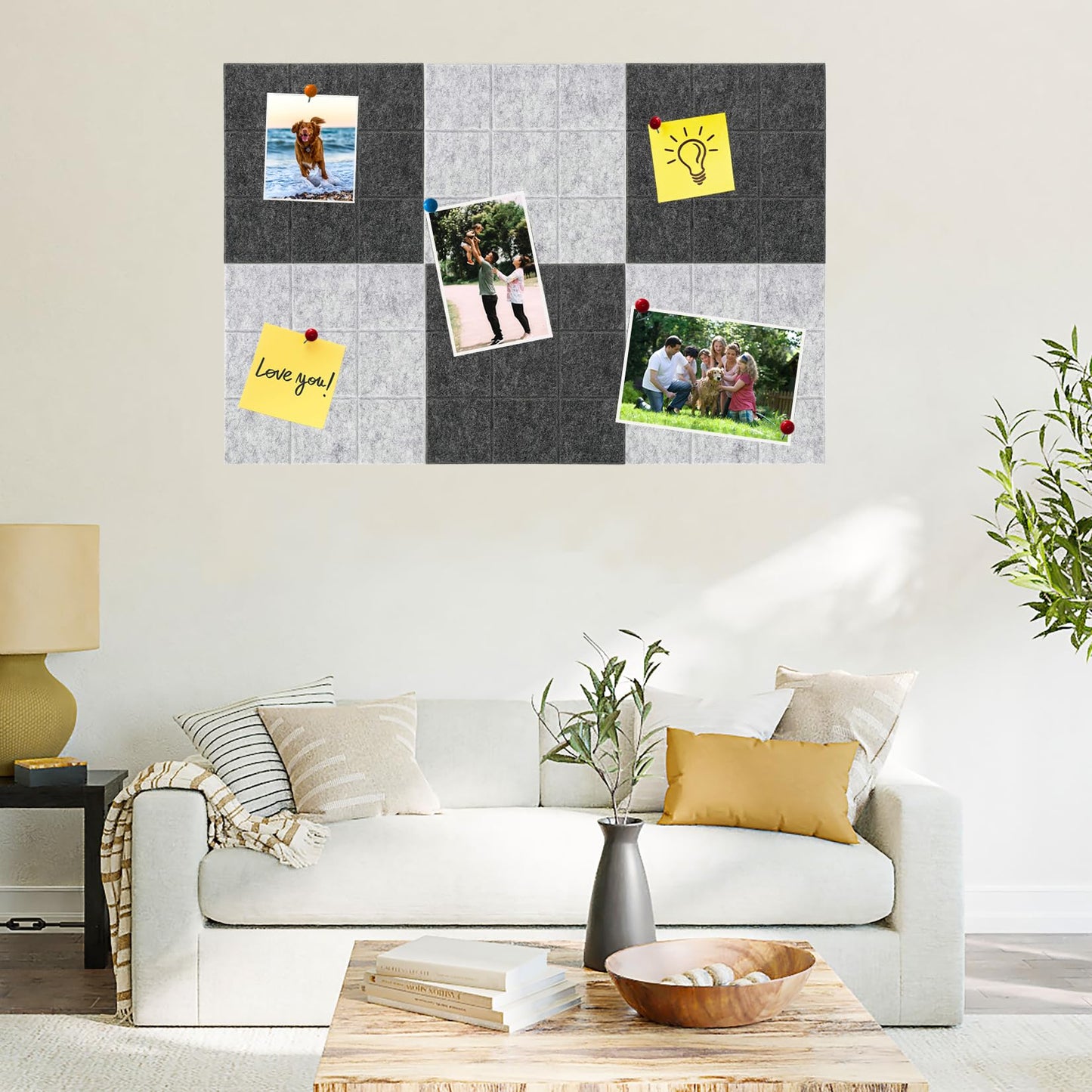 HULAVO Large Square Felt Cork Board Tiles, Self Adhesive DIY Felt Bulletin Board with 35 Pushpins for Office School Home Wall Decor Stickers Memos (Deep & Light Grey)