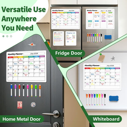 FINDMAG 4 Pack Magnetic Whiteboard for Fridge, 16.5"x11.8" Magnetic Calendar for Planner 2026, Kitchen White Board, Fridge Calendar for Cleaning Schedule and Checklist(1 Eraser, 8 Markers)