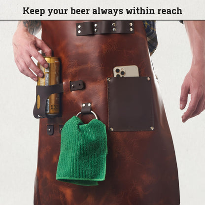 Leather G, Grill Apron with Beer Holder and Hand Towel, BBQ Pitmaster Apron – Heavy Duty, Made of Genuine Leather – Storage Pockets and Adjustable Straps for Grilling, Cooking (Brown Leather)