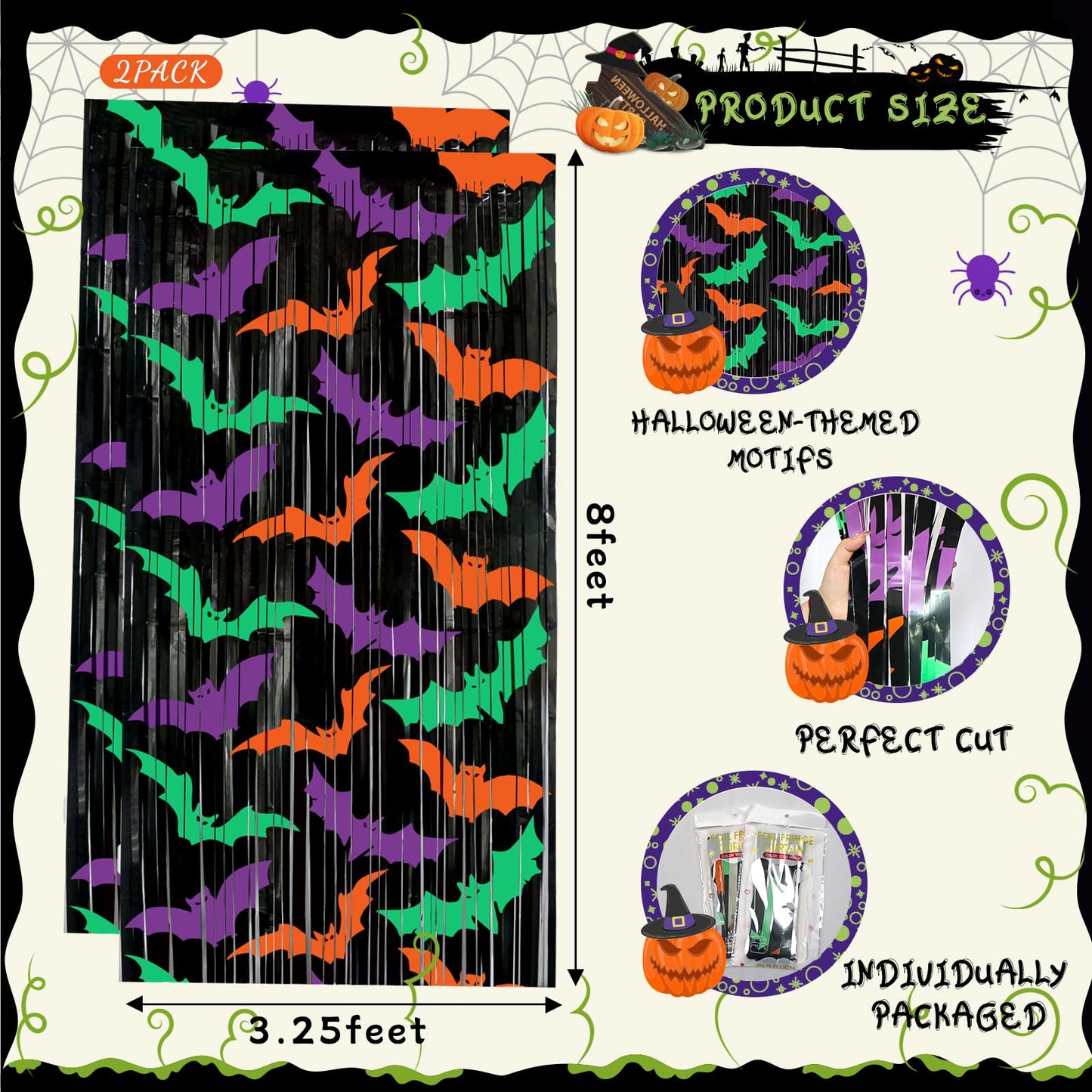Ycitusi 2 Packs Bat Foil Fringe Curtains - Purple Orange Green Halloween Door Streamers for Photo Backdrop, 3.3 x 6.6 ft Tinsel Curtains for Beetlejuice, Monster or Neon Glow Party Decorations