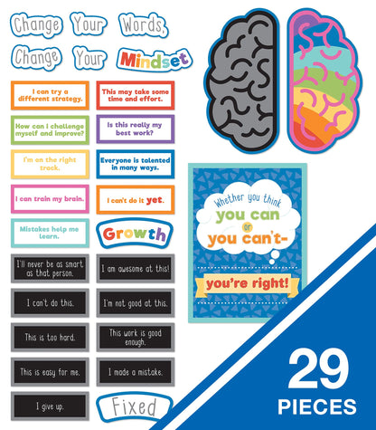 Carson Dellosa 29 pc Growth Mindset Bulletin Board Set, Motivational Poster, 2-Piece Brain With Affirmation Cards, Calm Down Corner Supplies and Classroom Decor