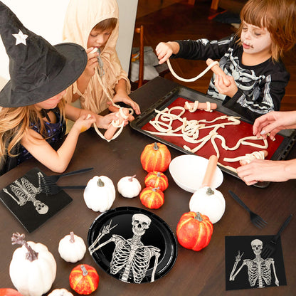 JarThenaAMCS Halloween Tableware Set Smiling Skeleton Disposable Party Supplies Black 9 &7 Inch Paper Plates 6.5 Inch Napkins Cups and Cutlery for 25 Guests