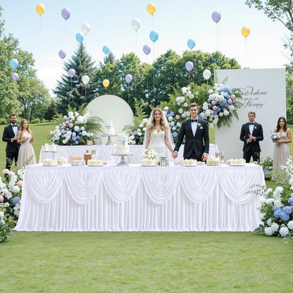 gogoparti White Tutu Table Skirts for Rectangle Tables 6ft Draped Pleated Table Skirt Polyester Tablecloth for Birthday Party Banquet Wedding Baby Shower