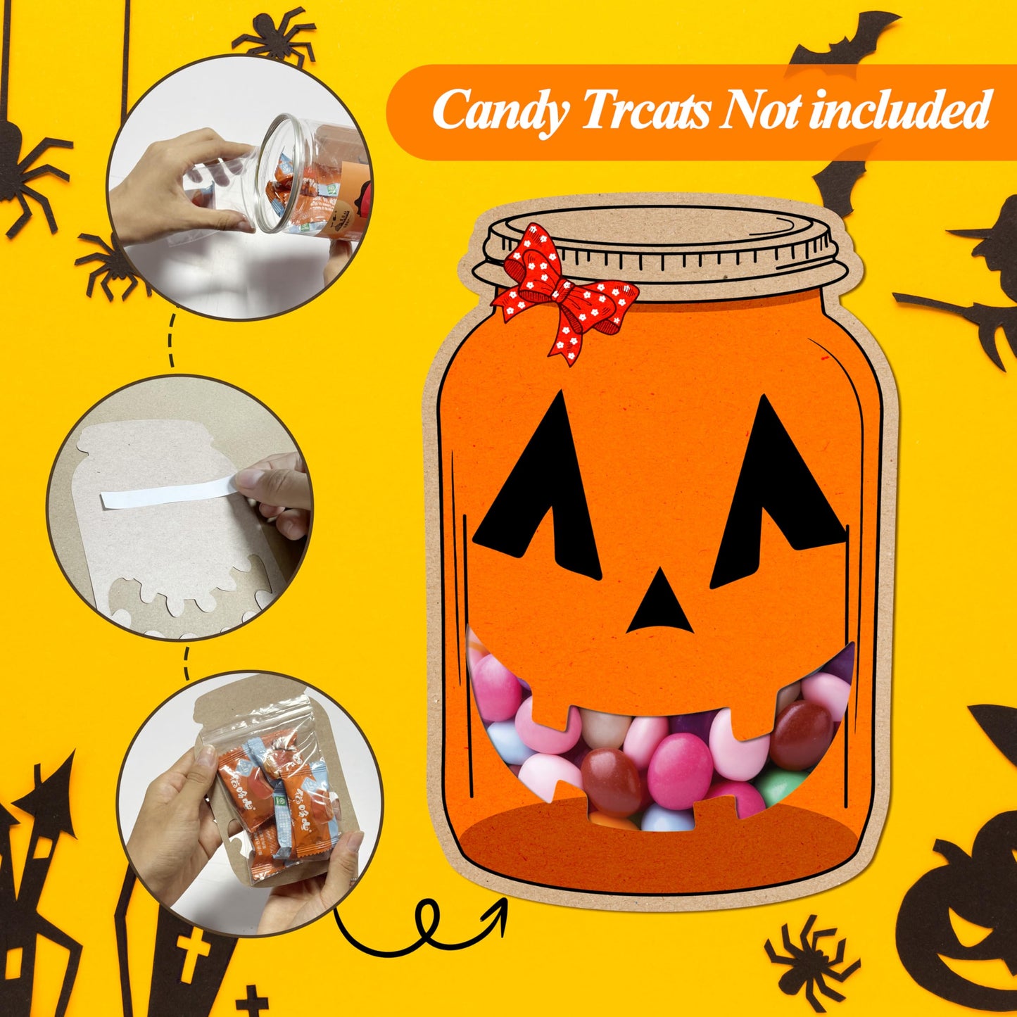 SHIEL-EVEN 50 Pack Halloween Mason Jar Candy Cards for Kids Classroom - School DIY Trick or Treat Bags, Halloween Candy Cards with Clear Bags, Holiday Gifts for Classroom Kids