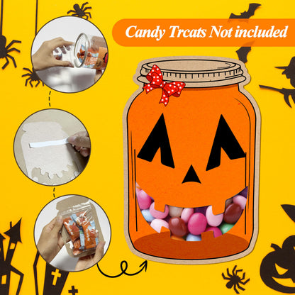 SHIEL-EVEN 50 Pack Halloween Mason Jar Candy Cards for Kids Classroom - School DIY Trick or Treat Bags, Halloween Candy Cards with Clear Bags, Holiday Gifts for Classroom Kids